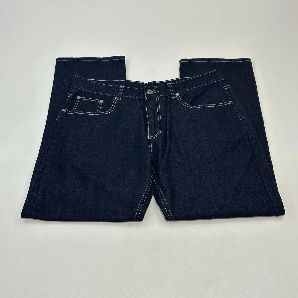 MECCA Men's Jeans Dark Indigo Straight Leg Contrast Stitch Detailing, Size 38/32